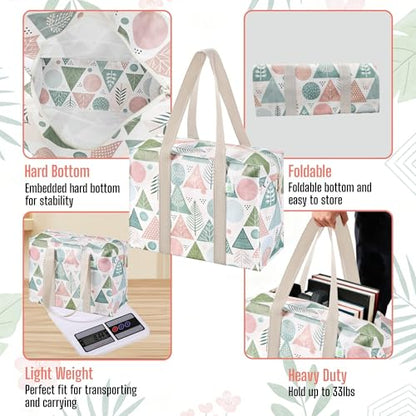 VENO 4 Pack Utility Tote Reusable Grocery Bags with Zipper & Hard Bottom - color: Pastel Forest, size: 4 Pack