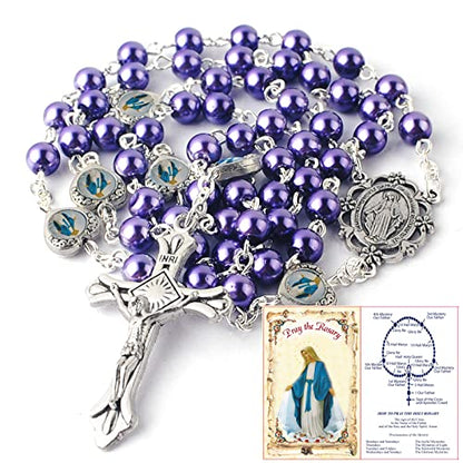 HanlinCC Catholic Miraculous Rosary Glass Pearl Beads Pray Card & Gift Bag - color: Purple