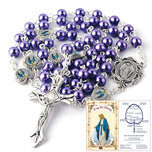 HanlinCC Catholic Miraculous Rosary Glass Pearl Beads Pray Card & Gift Bag - color: Purple