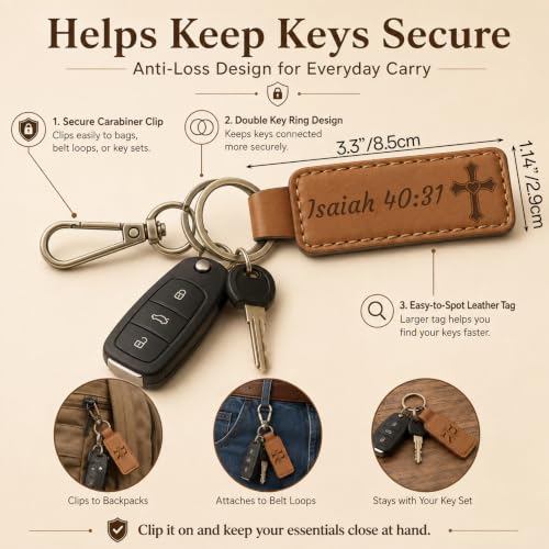 Custom Leather Christian Keychain, Personalized Engraved Bible Verse - color: Brown