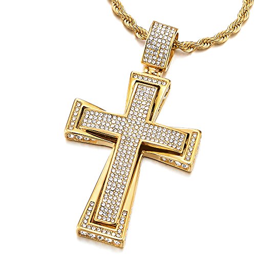 COOLSTEELANDBEYOND Mens Womens EXTRA LARGE Steel Cross Pendant Necklace with Cubic Zirconia and Wheat Chain - color: B-Metal Color: Gold