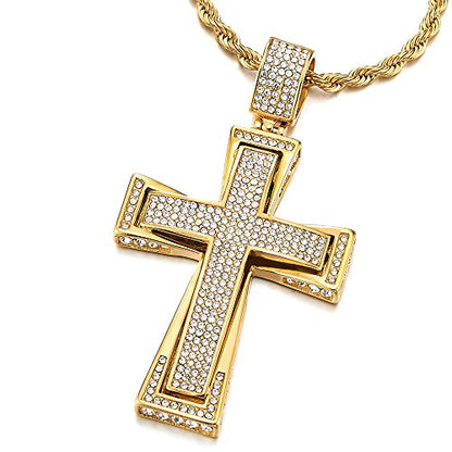 COOLSTEELANDBEYOND Mens Womens EXTRA LARGE Steel Cross Pendant Necklace with Cubic Zirconia and Wheat Chain - color: B-Metal Color: Gold
