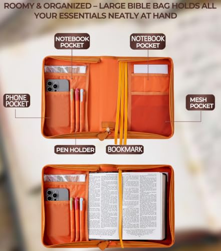 Vegan Leather Bible Cover Case, Bible Bag for Men Women, Gift Box Packaging - color: Orange