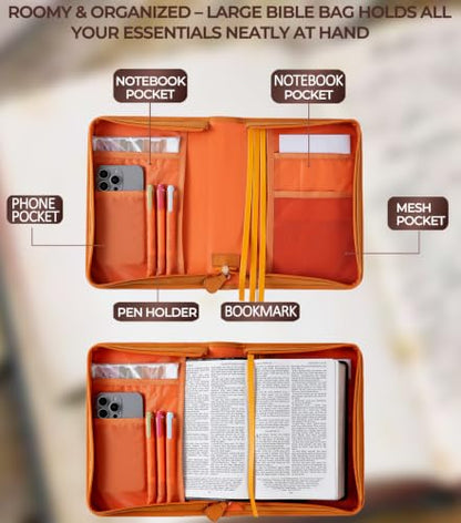 Vegan Leather Bible Cover Case, Bible Bag for Men Women, Gift Box Packaging - color: Orange