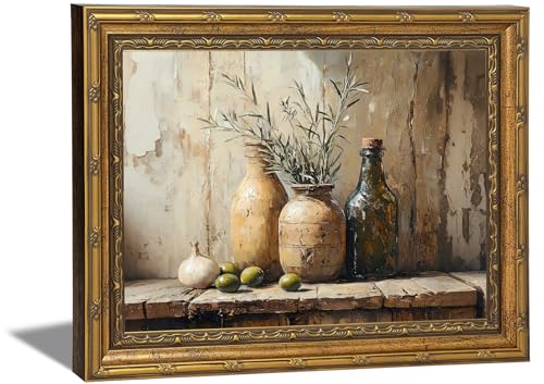Vintage Gold Framed Wall Art Moody Mediterranean Olive Still Life - Canvas Painting Terracotta Pots Garlic Pictures Wall Decor, Kitchen Dining Room Decor Gift, 12x16in - color: Olive, size: 16"L x 12"W