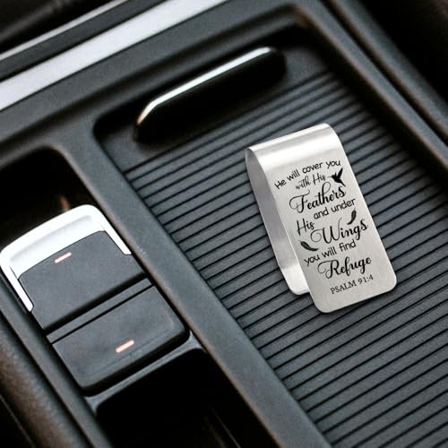 He Will Cover You with His Feathers and Under His Wings Visor Clip for Cars, Inspirational Bible Verse Christian Gifts for Men Women, Psalm 91:4 Car Décor Sign, Religious Gifts for Drivers