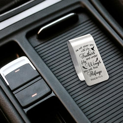 He Will Cover You with His Feathers and Under His Wings Visor Clip for Cars, Inspirational Bible Verse Christian Gifts for Men Women, Psalm 91:4 Car Décor Sign, Religious Gifts for Drivers