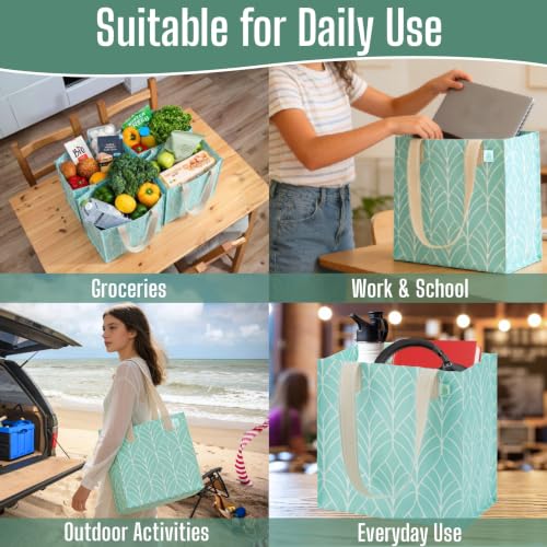 VENO 2/4 Pack Compact Reusable Grocery Shopping Bags with Hard Bottom - color: Evergreen - 4 Pack