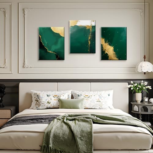 Abstraction Green and Gold Wall Art Canvas Prints Bedroom Wall Decor,Maximalist Framed Art Posters Living Room Aesthetics Dining Room Decorations Set of 3 (12"x16") - color: 12x16 Framed Abstraction Green Wall Art