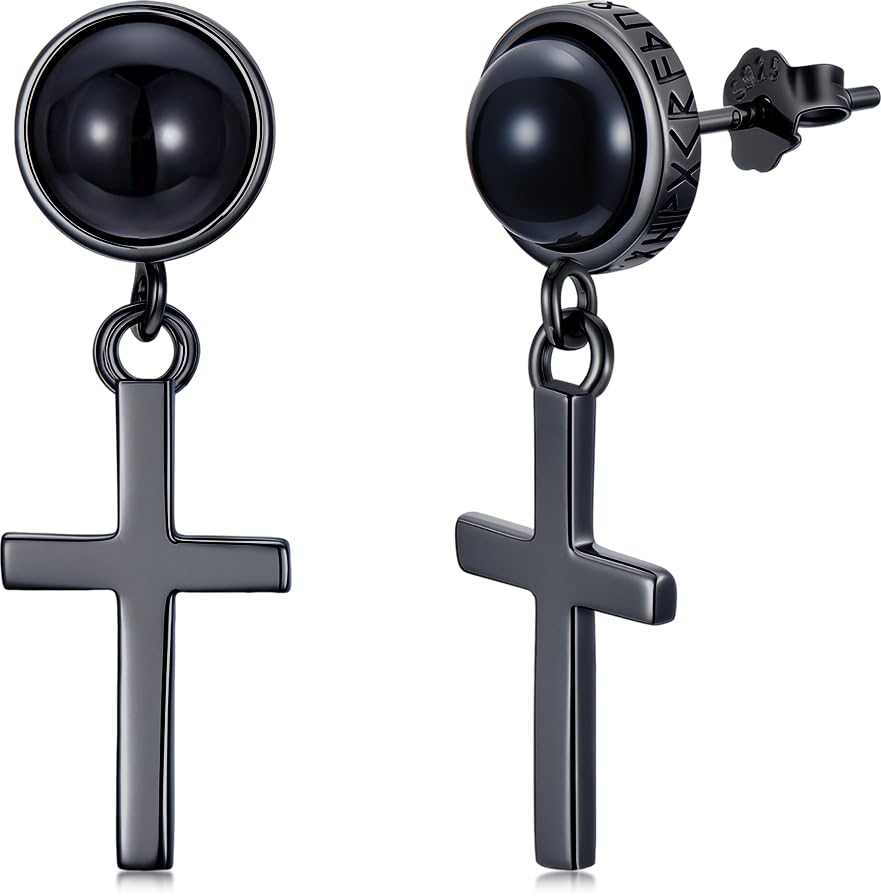 Black Dangle Drop Earrings 925 Sterling Silver Black Onyx Stud Earrings Viking Rune Jewelry Gift for Women Men - color: A03-Cross