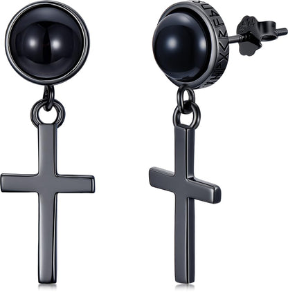 Black Dangle Drop Earrings 925 Sterling Silver Black Onyx Stud Earrings Viking Rune Jewelry Gift for Women Men - color: A03-Cross