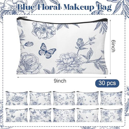 30Pcs Blue and White Floral Makeup Bag Floral Cosmetic Bags Bulk for Women Chinoiserie Wildflower Canvas Travel Toiletry Pouch for Bridesmaids Wedding Bridal Shower Birthday Party Supplies - style: Blue Floral