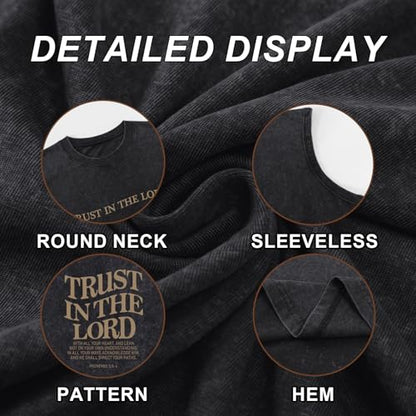 Mens Christian Tank Tops Trust in The Lord God Jesus Religious Faith Bible Verse Shirts Graphic Acid Wash Gym Tees - color: Black, size: XX-Large