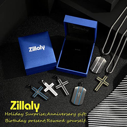 Men's Stainless Steel Cross Necklace,Two-Tone Black & Blue Carbon Fiber Pendant - Included Gift Box - style: Black & Blue XL004
