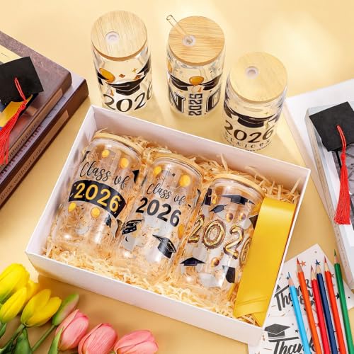 SiliFine 6 Pcs Graduation Glass Cups, 16 oz with Lids and Straws - style: Graduation