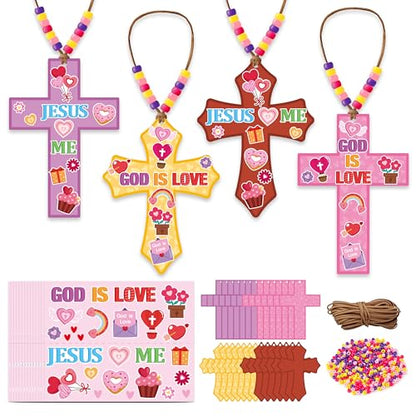 BeYumi Religious Cross Necklace Craft - 28Pcs God is Love Religious Craft Kit DIY Sticker Cross and Beads Necklace Christian Jusus Love Me Decor Woman Party Activities - style: Valentine
