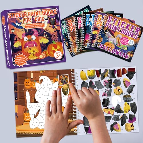 6 PCS Halloween Paint by Sticker Books for Kids Ages 4-8 Sticker by Number Books Activity Book for Kid Ages 3-5 Sticker Puzzle Book Craft Art Toddler Girl Gift with Pumpkin Ghost Monster 48 Pictures - style: Halloween