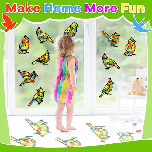 Lonfliness 32 Sets Bird Suncatchers Craft Kit DIY Birds Window Stained Glass Effect Paper Spring Home School Classroom Decoration Art Craft Creative Activity Project Gift Favor - style: Bird