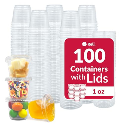 Reli. 1 oz Condiment Containers with Lids (100 sets) | Ideal for Sauce, Souffle, Samples, Jello Shot Cups | Disposable, BPA-Free Plastic | Small Containers 1oz, Bulk