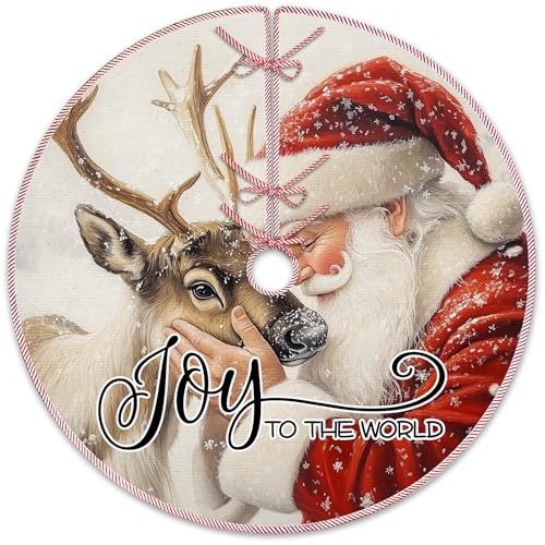 Vintage Winter Christian Christmas Tree Skirt, Joy to The World Decor, Religious Santa Reindeer Xmas Tree Mat Ornaments for Winter New Year Home Party Holiday Indoor Decor, 36 Inch - color: Joy