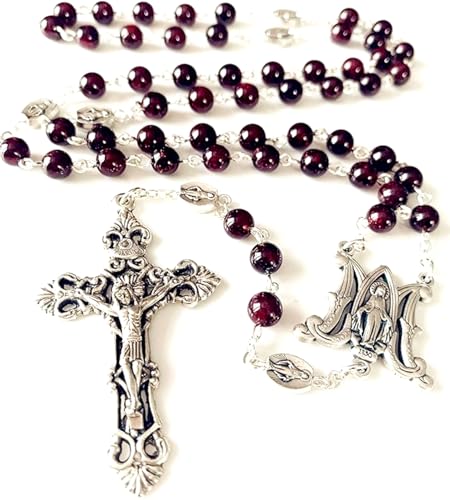elegantmedical HANDMADE GARNET GEMSTONE BEADS Our Lady Of Virgin Mary Catholic Rosary Necklace Cross Box