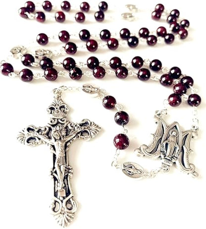 elegantmedical HANDMADE GARNET GEMSTONE BEADS Our Lady Of Virgin Mary Catholic Rosary Necklace Cross Box
