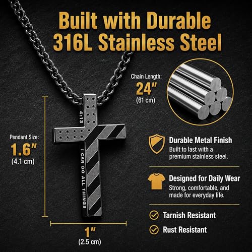 Black American Flag Cross Necklace for Men, Philippians 4:13 Bible Verse