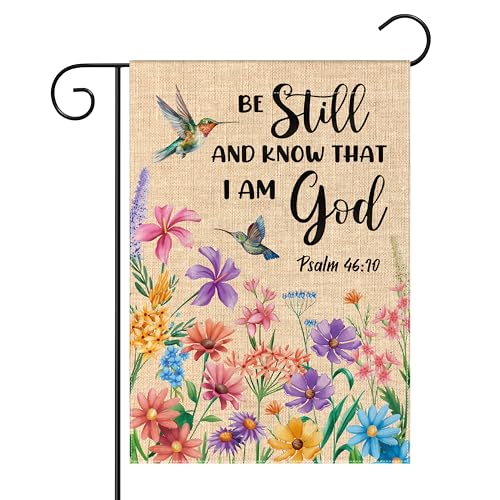 WATINC Christian Hummingbird Flower Garden Flag - 12 x 18 Inch Linen Religious Be Still and Know That I am God Yard Flag for Outside, Spring Summer Double Sided House Outdoor Decor for Porch Lawn