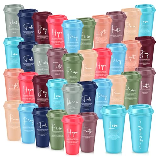 LemonRoad 40 Pcs Christian Gifts for Women Men 16 oz Christian Plastic Coffee Cups with Lids Double Sided Scripture Bible Verse Religious Tumblers Mugs for Church Appreciation Gifts(Macaron Color) - color: Macaron Color