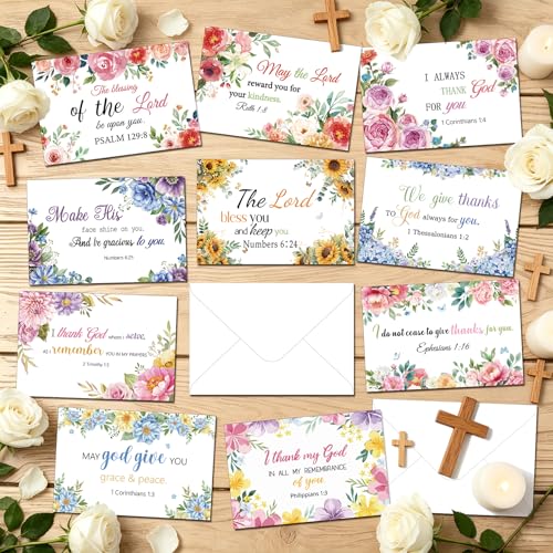 IANFEPH 50 Pack Religious Christian Thank You Cards with Envelopes Stickers 4x6 Inch Floral Baptism Blank Inside Notes 10 Designs Bible Verse Greeting Cards for Wedding Communion Baby Shower