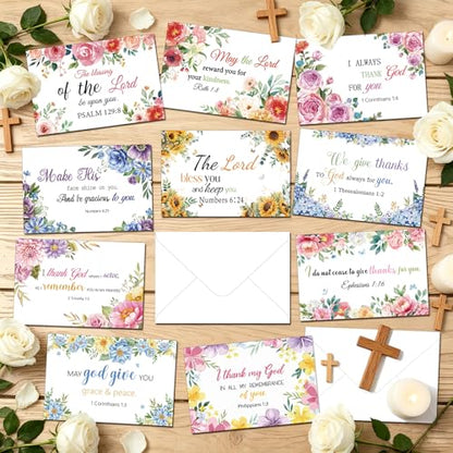 IANFEPH 50 Pack Religious Christian Thank You Cards with Envelopes Stickers 4x6 Inch Floral Baptism Blank Inside Notes 10 Designs Bible Verse Greeting Cards for Wedding Communion Baby Shower