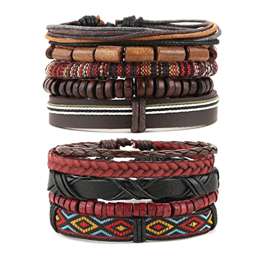 HZMAN Handmade Hemp Cords Wood Beads Leather Bracelets for Men Women - style: 2Pcs Leather Bracelets