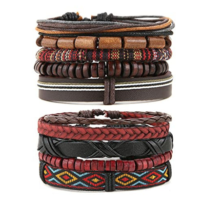 HZMAN Handmade Hemp Cords Wood Beads Leather Bracelets for Men Women - style: 2Pcs Leather Bracelets