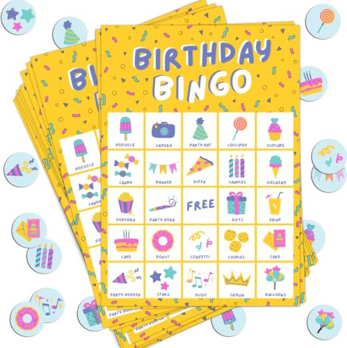 Markt Birthday Party Games for Kids, Birthday Bingo Game, Kids Party Games, Kid Bingo Game Decorations, Activities and Supplies for Girls or Boys (Yellow) - color: Birthday Bingo – Yellow