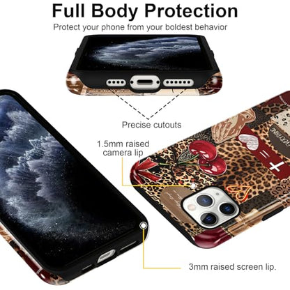 for iPhone 11 Pro 5.8'' Brown Cheetah Christian Phone Case - color: Red Cherry Leopard Collage, size: iPhone 11 Pro