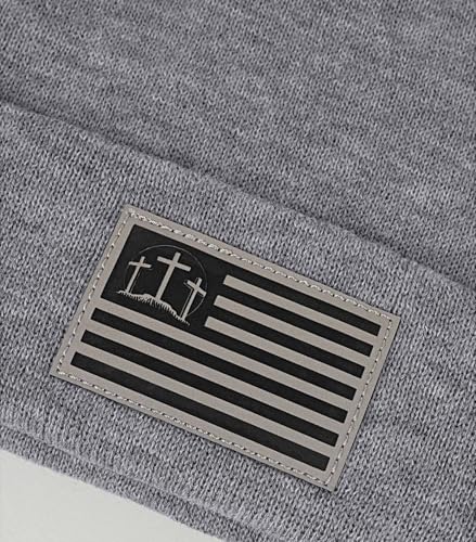Christian Cross Beanie Hats for Men Women, Faith Winter Cuffed Hats, Religious Gifts for Thanksgiving Christmas New Years - color: Grey, style: Three Cross Flag