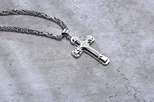 MEALGUET Stainless Steel Crucifix Cross Pendant Necklace,Men's Cross Necklace with Chunky Byzantine Chain/Rolo Chain, Gift for Men - style: Silver-byzantine chain
