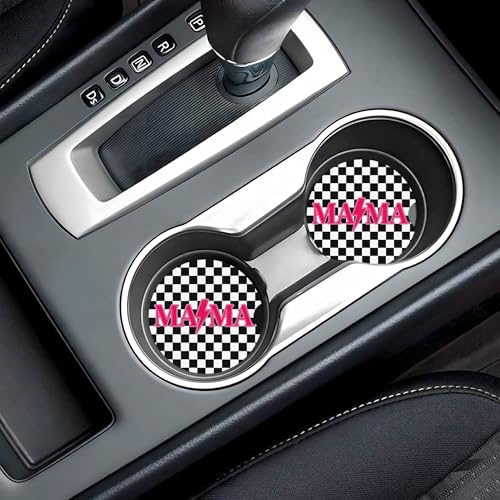Mama Checkered Pink Car Cup Holder Coasters 2 Pack 2.63" for Women - color: White
