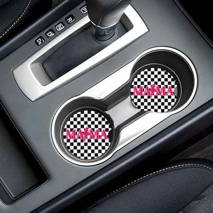 Mama Checkered Pink Car Cup Holder Coasters 2 Pack 2.63" for Women - color: White