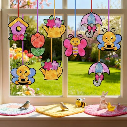 Motipuns 32 Pcs Spring Suncatcher Craft Kit, DIY Glass Effect Ornaments - style: Spring
