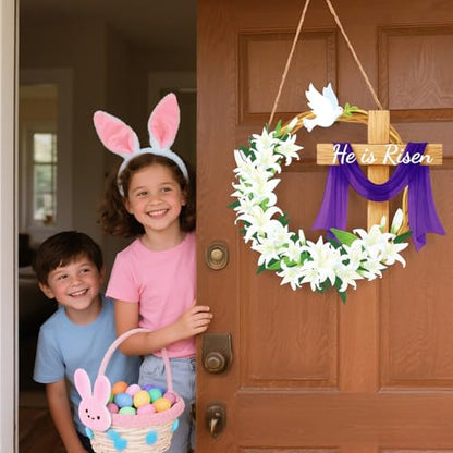 He is Risen Sign, Wooden Christian Wreath Hanging Sign with Cross and Lily Flowers Hanger Door Designs Funny Easter Decoration Supplies for Farmhouse Home Party Decor