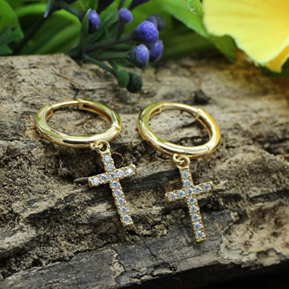 Religious Cross Dangle Drop Earrings Women Sterling Silver 0.20 CT (1/5 Ct) - color: Yellow Gold Over Silver