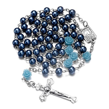 SZQCZB Rosary Beads Catholic Necklace Holy Soil Medal Cross Crucifix with Metal Box and 18pcs Prayer Cards - color: Blue