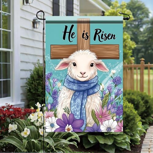 He Is Risen Garden Flag 12x18 Inch Double Sided Christian Easter Lamb Yard Banner with Cross and Flowers Spring Religious Outdoor Decoration for Garden Home - color: Easter Lamb Risen #3