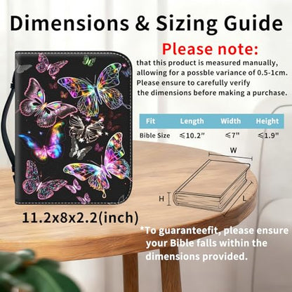 Bible Cover for Women Large PU Leather Zippered Bible Case with Handle and Glowing Purple Butterfly Design, Christian Bible Cover for Girls & Women, Cover Fits Standard 9.5"x7.5"x2.3" Bible - color: Glowing Purple Butterfly