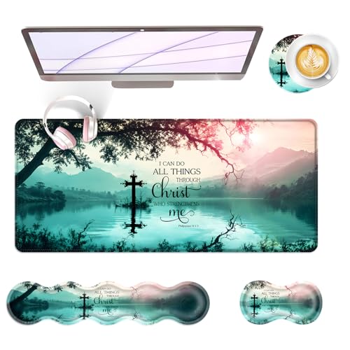 Large Keyboard Mouse Pad Set, Extended Mouse Pad+Keyboard Wrist Rest Support, Memory Foam Ergonomic Easy Typing, 4Pcs (31.5×11.8 in) Desk Pad Set for Office Home,Bible Verses Philippians 4:13 - color: Bible Verses Philippians 4:13-2-7
