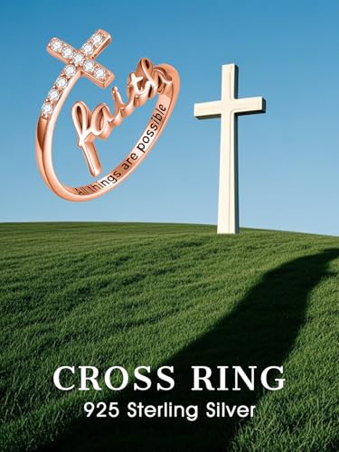 Cross Rings Faith Ring 925 Sterling Silver Adjustable Cross Wrap Ring Christian Fashion Band for Women - color: B-Rose Gold