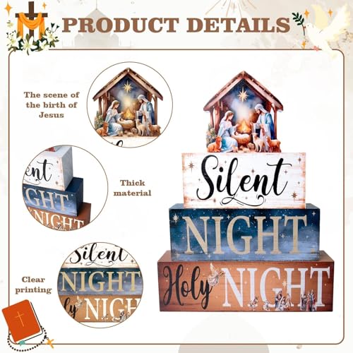 4 Pcs Christmas Nativity Set Decor Religious Nativity Scene Table Centerpieces Wooden Jesus Indoor Decoration Christian Silent Night Holy Night Block Sign for Xmas Winter Tiered Tray Mantle
