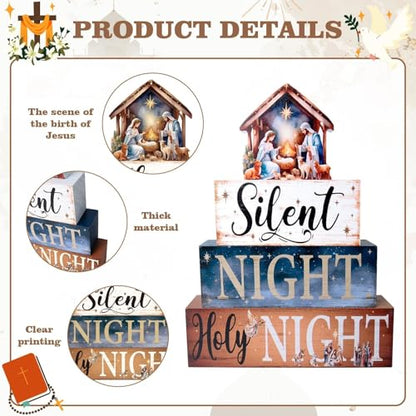 4 Pcs Christmas Nativity Set Decor Religious Nativity Scene Table Centerpieces Wooden Jesus Indoor Decoration Christian Silent Night Holy Night Block Sign for Xmas Winter Tiered Tray Mantle