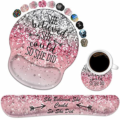 Keyboard Wrist Rest and Mouse Pad Wrist Support Set with Coasters, She Believed She Could So She Did Inspirational Quote Wrist Mouse Pad with Non-Slip PU Base for Computer Laptop Home Office - color: She Believed She Could So She Did Inspirational Quote